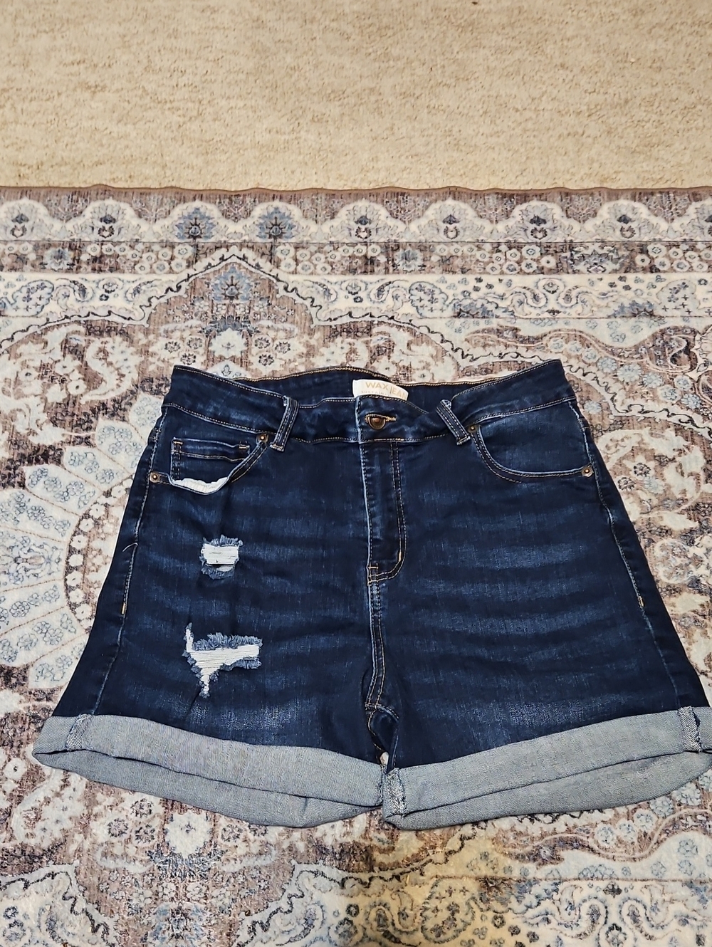 Wax Jean Dark Blue Rolled Cuff Distressed Denim Shorts